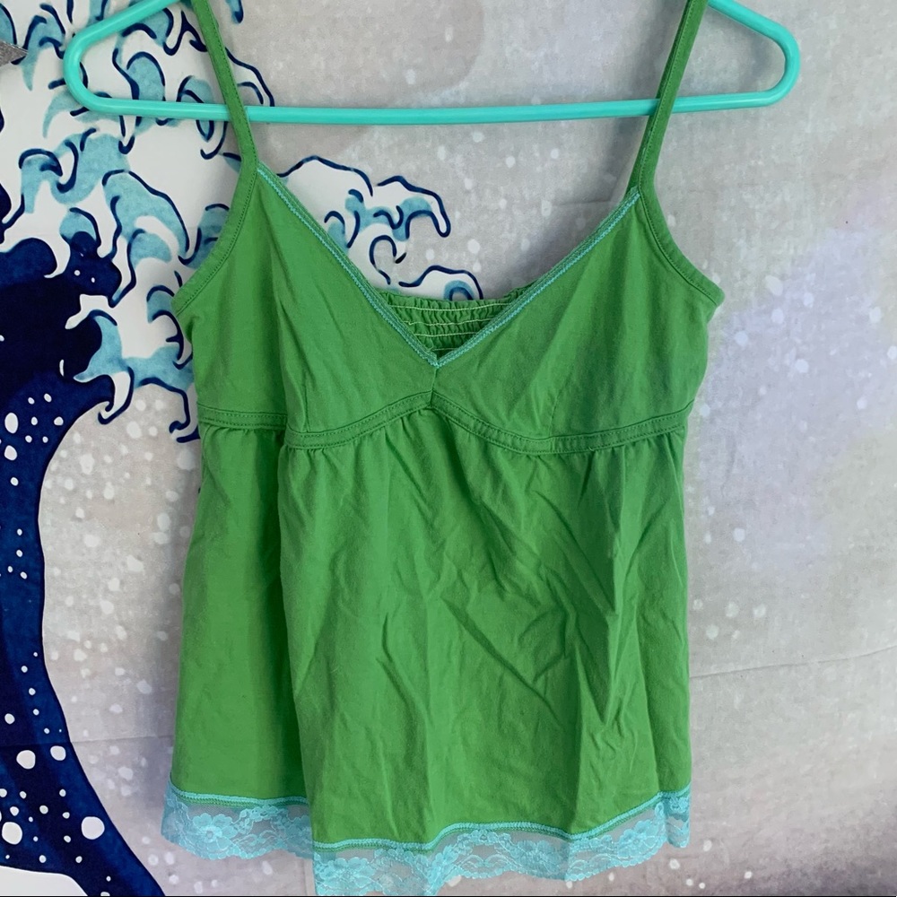 green tank top cami with blue lace bottom